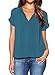Dearlovers Women V-Neck Vintage Solid Blouse Top X-Large Lake Green