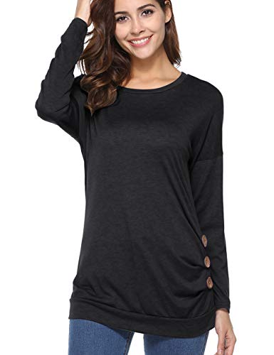 Weilim Women's Casual Blouses T-Shirt Round Neck Long Sleeve Loose Button Decor Top Black M