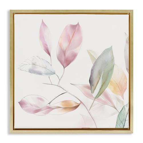 Stupell Industries Pastel Light Leaves Gold Framed Floater Canvas Wall Art desi…