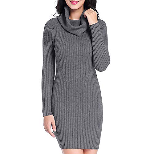 Toponly Women Cowl Neck Sweater Dress Knit Stretchable Elasticity Long Sleeve Slim Fit Dresses Gray
