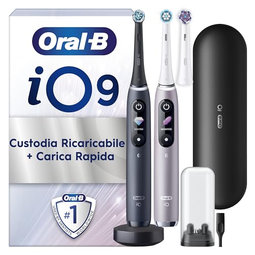 Oral-B iO 9, 2 Spazzolini Elettrici, 3 Testine di Ricambio, Custodia, Nero/Rosa - 3 Testina di Ricambio per Spazzolino Elettrico, Ricaricabile, Custodia da Viaggio Ricaricabile, Pulizia Denti