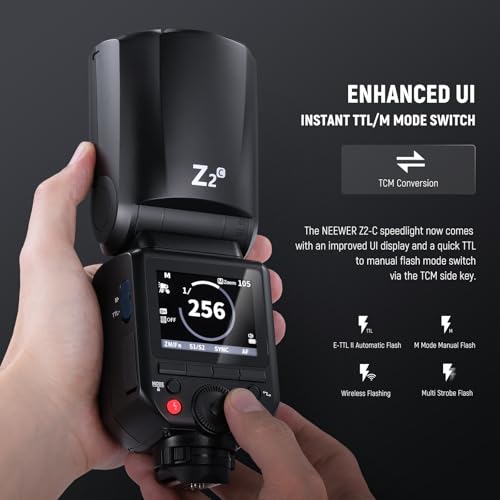 NEEWER Z2-C 2.4G TTL Round Head Flash Speedlite for Canon, 76Ws 1/8000s HSS Speedlight with Upgraded UI, 2 Adjustable Modeling Lamps, TTL/M Quick TCM Switch, 7.2V/3000mAh Battery, 600 Full Power Flash