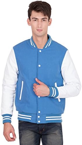 Caliber India White Leather Sleeves &amp; Sky Blue Wool Body Varsity Jacket-Men L
