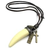 KONOV Wolf Tooth Cross Pendant Leather Cord Men's Necklace Chain, Creamy-White Gold Brown