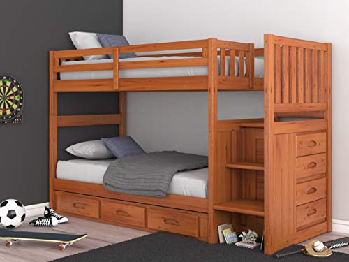 Discovery World Furniture Mission Twin Over Twin Staircase Bunk Bed with Twin Trundle, Honey - Thumbnail 4