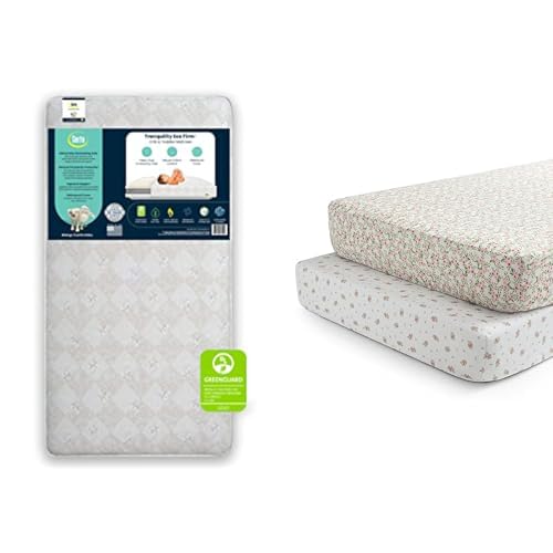 Serta Tranquility Eco Firm Innerspring Crib and Toddler Mattress + Delta Children Fitted Crib Sheets for Girls and Boys (Pack of 2), Pink Floral (Bundle) Image