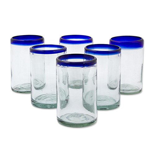 NOVICA Artisan Crafted Hand Blown Clear Cobalt Blue Rim Recycled Glass Tumblers,14 Oz. 'Classic
