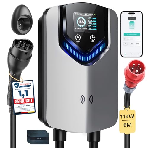 Wallbox 11kW with App & RFID - 3-Phase Type 2 EV Charger 400V, 6-16A, 8M Cable with Cable Holder - RCD Type B & IP54, Setting Start Time Efficient Charging Station for Home for BEV PHEV