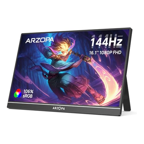 ARZOPA 16.1'' 144Hz Tragbarer Monitor mit Einem Standfuß, 106% sRGB 1920×1080P FHD HDR 144HZ Gaming Monitor, Ultra-dünn - Augenschutz-Externer Zweiter