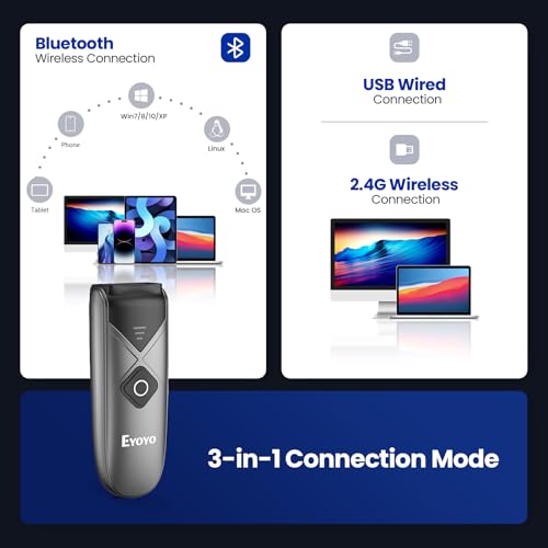 Eyoyo Bluetooth 2D&1D Barcode Scanner, Portable Wireless Mini Barcode Reader with 2.4G Wireless/Bluetooth/USB Wired Connection QR Code Scanner Compatible with Pad, Phone, Android, Tablet PC