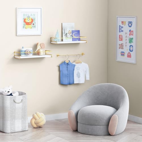 LUMOKU Juego de 2 Repisas Flotantes de Pared,Estantes Flotantes con toallero,Estante de Almacenamiento Repisas para Baño Cocina Cuarto Estar Oficina Dormitorio (Oro Blanco)