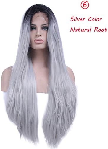 Wakequeen Silver 2 Tone Synthetic Lace Front Wig Dark Roots Long Natural Straight Silver Grey Repalcement Hair for Women Heat Resistant Fiber Hair Half Hand Tied