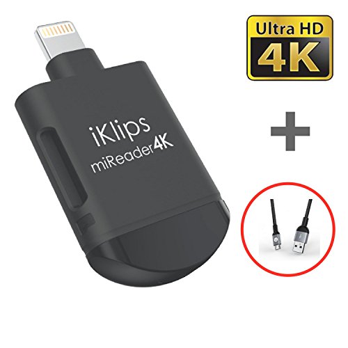 A ADAM ELEMENTS iKlips miReader MicroSD 4K Card Reader Compatible for iPhone iPad External Memory Storage Charger - Store, View, Edit, Record 4K Video from GoPro, Drones, Camera