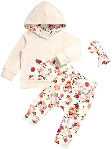 Baby Girls Clothes Long Sleeve Hoodie Flowers Kangaroo Pocket and Floral Pattern Pants with Headband 3pcs Outfits Set