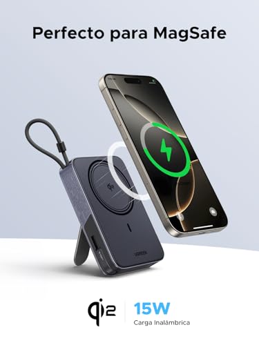 UGREEN 10000mAh Power Bank QI2 15W Inalámbrico PD 30W Carga Rápida, Bateria Portatil iPhone con Cable USB-C Integrado y Soporte Plegable, Pila Portatil Magsafe Compatible con iPhone 17/16/15, Galaxy