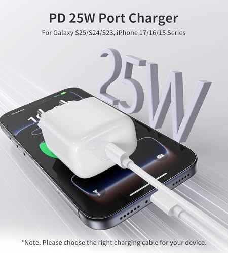 Carregador USB C de 25W com cabo de carregamento, carregamento rápido para i-phone 17/17 Air/17 Pro MAX /16/15/14/13/12, i-Pad Mini/Air, Samsung Galaxy S25/S24/S23/S22/Note20/Z Flip6/Z Fold6 (pack 2+cabo)