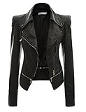 Fanala Womens Biker Motorcycle Jacket PU Soft Leather Coat Zipper Black