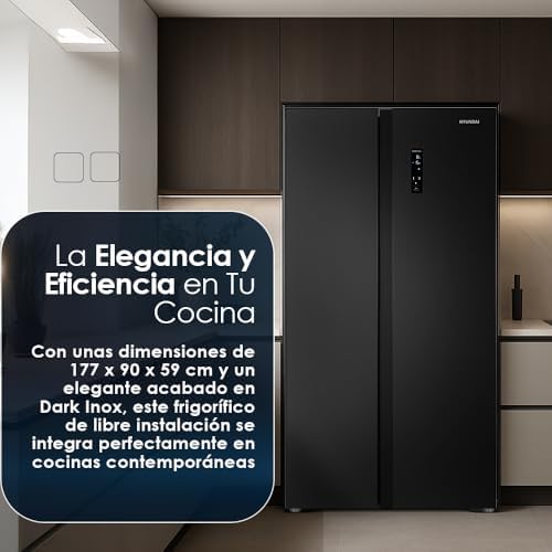 Frigorífico American Dark Inox, 2 portas. HAM17791NDDD00, capacidade 442 litros, sem geada, motor inversor, 39 dB, direção de porta única, abertura por puxar o dedo, Classe D