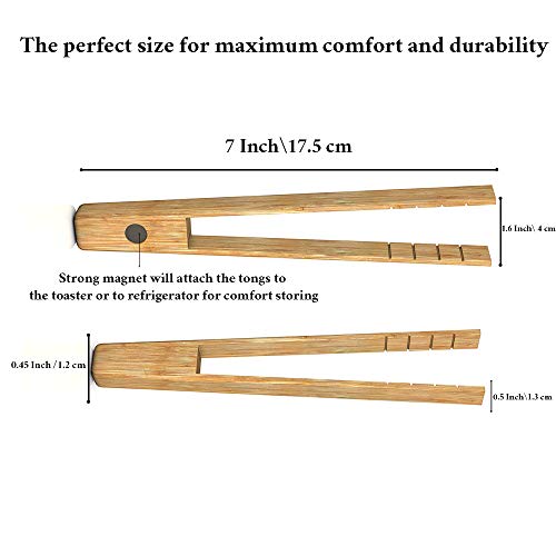 Toaster Tongs With Magnet | Kitchen Utensils For Cooking & Holding Toast Bacon Muffin Bagel Bread | 7.5 Inch Long Natural Toxic Free Bamboo