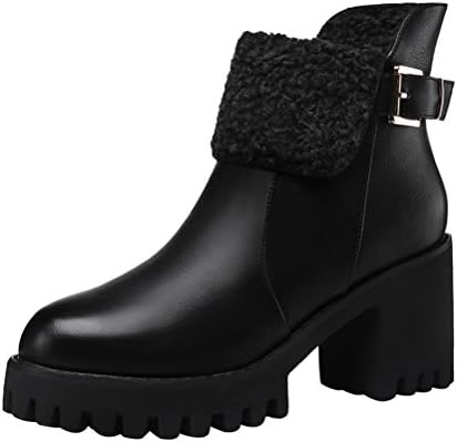 Passionow Women's Winter Warm Fur Lined Inside Side Zipper Buckle Chunky Heel Ankle Booties (7.5 B(M)US,Black)