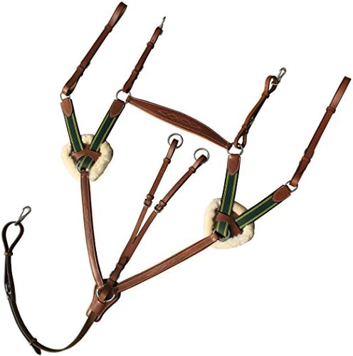 Exion Five Point Padded Fur Breast Plate with Running Attachment and Stainless Steel Buckles | Green Elastic with Yellow Lines | English Horse Riding Equestrian Premium Tack