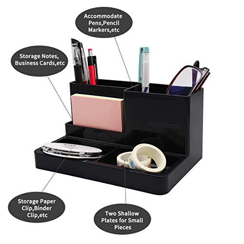 Desk Organizer Caddy with 5 Compartments Office Workspace Desktop Holder Stable Plastic Stationery Storage Box for Pencils,Markers,Erasers,Pens,Thumbtack (7.1" x4.8" x3.6")(Black)