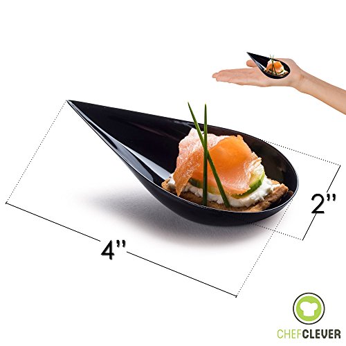 DLux 100 4in Tear Drop Mini Appetizer Plates, Reusable Black Plastic Spoons Desserts and