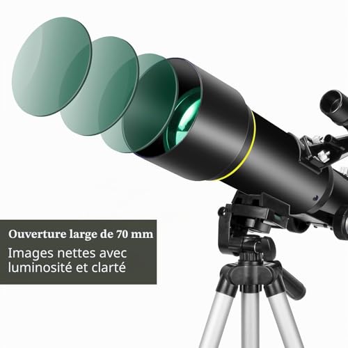 Télescope pour Adultes débutants, Ouverture 70 mm 400 mm AZ Mount Full Multi-Couches Réfracteur Optique Portable Télescope de Voyage avec trépied Adaptateur téléphone (Black)