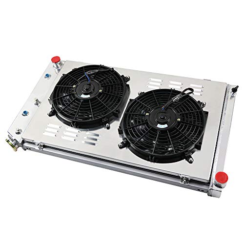 OzCoolingParts 4 Row Core Aluminum Radiator + 2 x 12" Fan w/Shroud(Cover) + Thermostat Kit for 1960-1990 61 62 65 66 87 88 89 Chevy Chevelle El Camino Truck Buick Cadillac Oldsmobile Pontiac and More