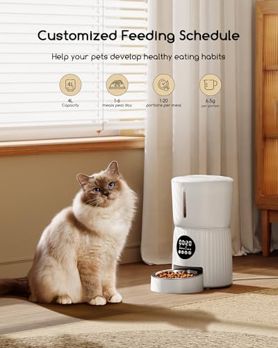 Faroro 4L Automatic Cat Food Dispenser, Cat and Dog Food Dispenser with Stainless Steel Bowl, Timer Function, 1 to 6 Meals a Day