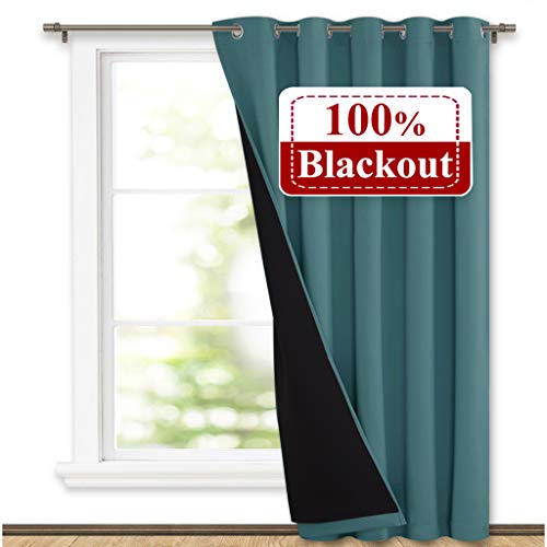 NICETOWN 100% Blackout Patio Sliding Door Curtain, Wide Lined Drape, Keep Warm Drapery, Sliding Glass Door Panel for Night Shift（Sea Teal Blue, 1 Panel, 70 inches Wide x 84 inches Long