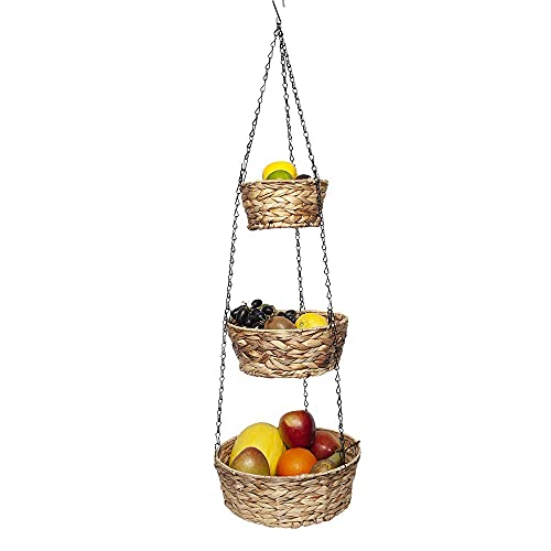 3 Tier Hanging Fruit Basket, Banana Hanger and Liners. Natural Woven