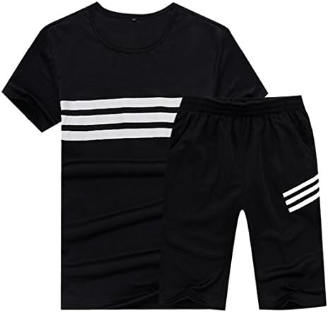 Vska Men Short Sleeve Cotton T-Shirt 2 Piece Set Shorts Rounded Collar Casual Tops Black XL