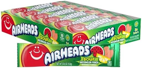 Airheads SOUR Candy Bars, Sour Watermelon Punch Flavored, Bulk, Concessions, Parties, Pack of 36 Bars.