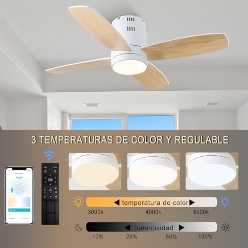 Ohniyou Ventilador de Techo con Luces, 38'' Ventiladores de Techo Pequeños de Montaje Empotrado, Control Remoto y APP, Luz Regulable, 6 Velocidades, Reversible, para Patio Cocina Dormitorio(Blanco)