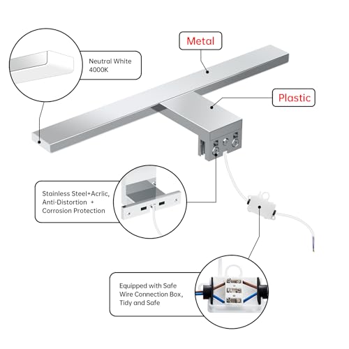 Aogled LED Bathroom Mirror Light 30 cm 5 W 500 LM 230 V Neutral White 4000 K, Stainless Steel Slim Light Bathroom Mirror, Mounting Plate on Mirror/Cabinet/Wall Lighting 300 mm