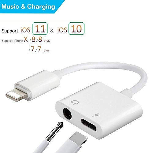 2 in 1 Lightning Audio Charger Adapter for iPhone X 8 7 6 Plus Converter to 3.5 mm Earphone Adapter Accessories Headphone Audio Splitter and Charging Adaptor Support Audio Charge Compatible iOS 11