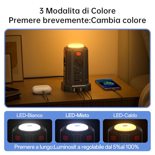 2 M Power Strip with Night Light 12 Universal Sockets 10/16A ITA and Schuko and 3 USB A+1 USB C Overvoltage Protection with 4 Independent Switches for Office, Home