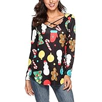 PinUp Angel Lace Up Christmas Shirt for Women Long Sleeve Black Floral Top Blouse Tunic