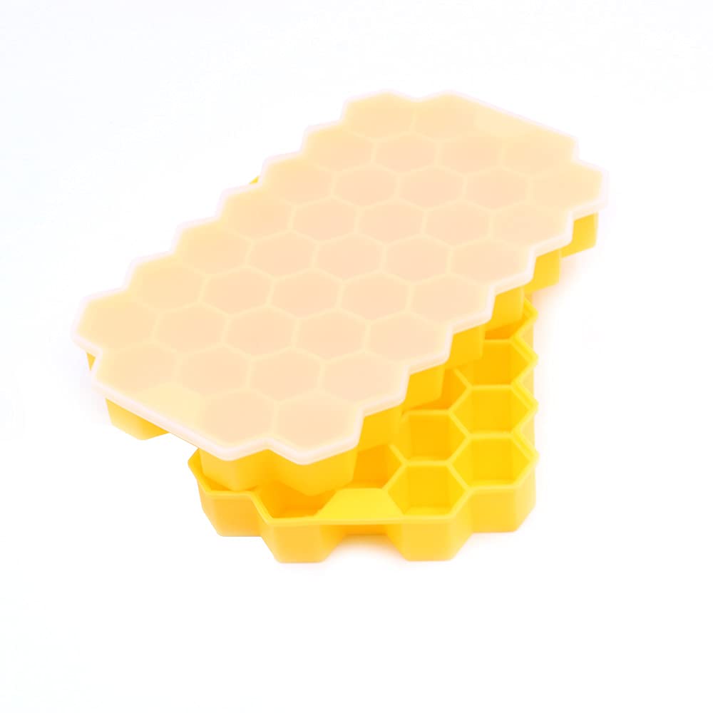 Alnicov Ice Cube Trays,2 Pack Silicone Ice Cube Molds with Sealed Lid,Flexible 74-Ice Trays BPA Free,Reusable for Chilled Drinks,Whiskey(Yellow)