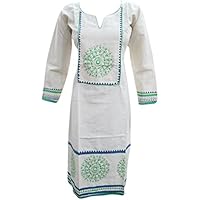 Mogul Interior Women's Long Kurti Off White Ethnic Cotton Indian Tunic Caftan Dress M