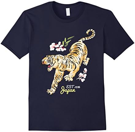 Mens Vintage Japanese Tiger Tshirt - Asian Flowers Tattoo Art Tee Medium Navy