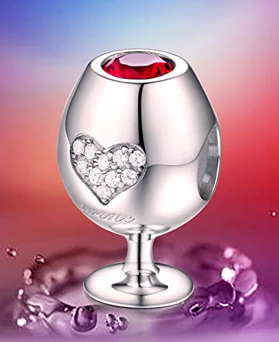 FOREVER QUEEN Love Heart Wine Glass Bead Charms fit for Snake Chain Bracelet, 925 Sterling Silver 5A CZ Ruby Bracelet Decorations Gift for Women Girls Lovers