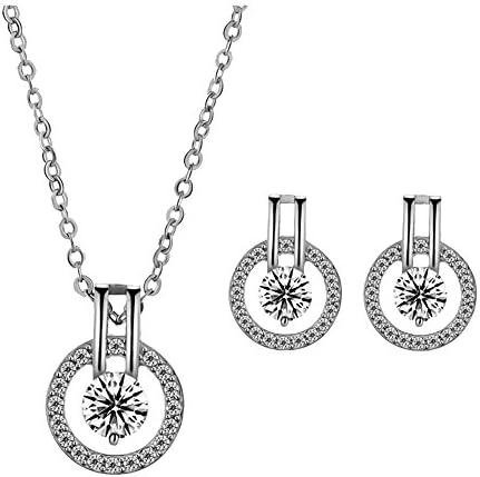 18k Platinum Plated Austrian Crystal Circle Necklace Pendant and Circle Halo Stud Earring