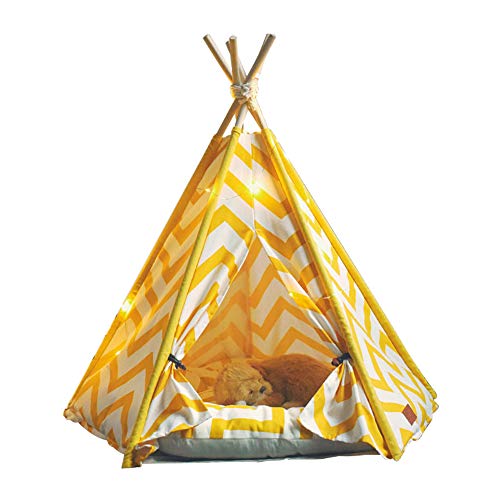 little dove Pet Teepee House Indian Tents Wood Canvas Tipi Fold Away Pet Tent Furniture Cat Bed (Yellow with Mat)