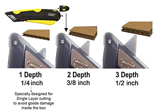 Modern Box Cutter for Retail Use - Extra tape cutter at back, dual side edge guide, 3 blade depth setting, 2 blades and holster - Yellow Color 2000 - Thumbnail 2