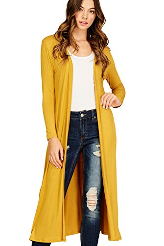 Annabelle Women's Comfy Long Sleeve Open Front Side Slit Duster Cardigan With Pockets Mustard Medium T1163B