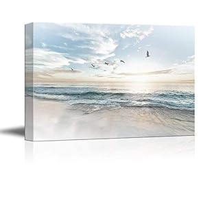 Watercolor Style Waves on The Beach with Sea Birds