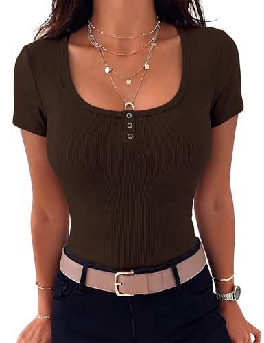 Aottori Women's Summer Short Sleeve T-Shirt V Neck Basic Ribbed Button Stretch Slim Pullover