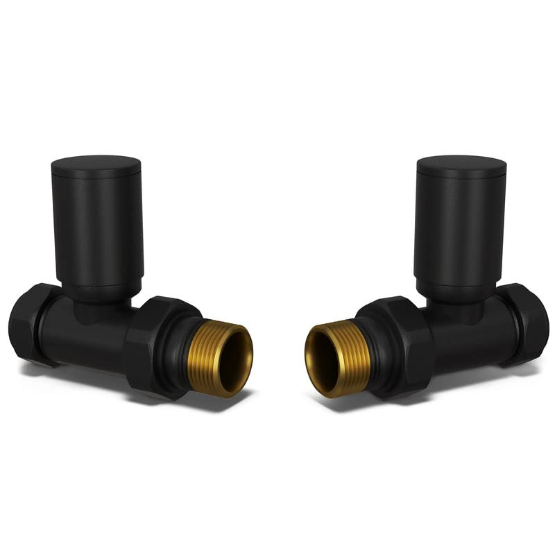 UK Radiators Round Black Radiator Valve Pair - Black Matt Finish - Classy and Modern Design 1/2" x 15mm Straight Radiator Valve Pair - Pair of Valves
